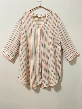 Penningtons Linen Blend Button-Up Striped Tunic Top Coastal Summer Beach Plus